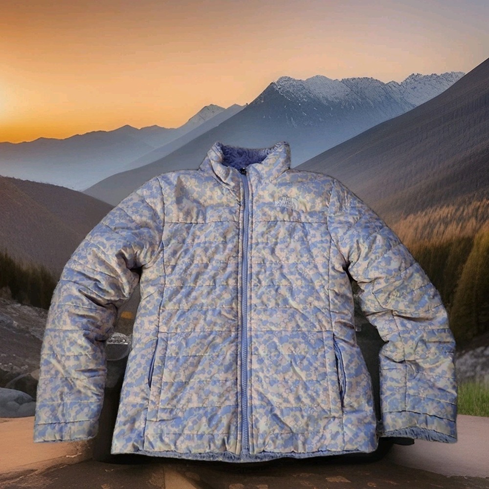 The North Face Mossbud Swirl Jacket Girls Medium Purple Floral Reversible Puffer